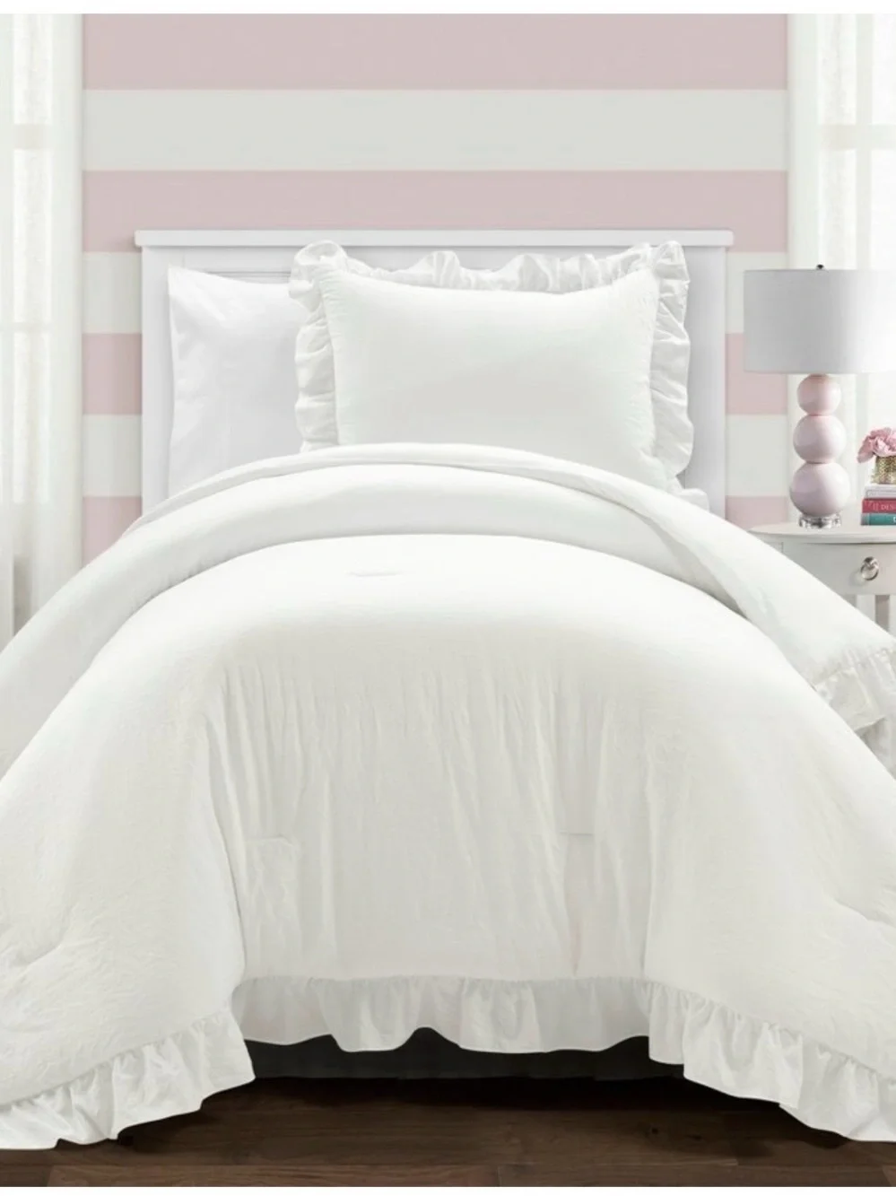 Ruffled Edge White Comforter Set - Home Bedding